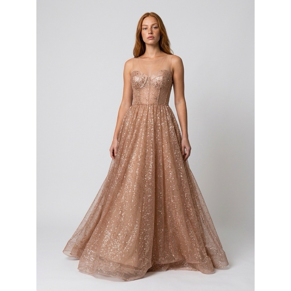 (b39/20)Champagne Sparkly Sequin Party   Evening Long Prom Dresses Size 6